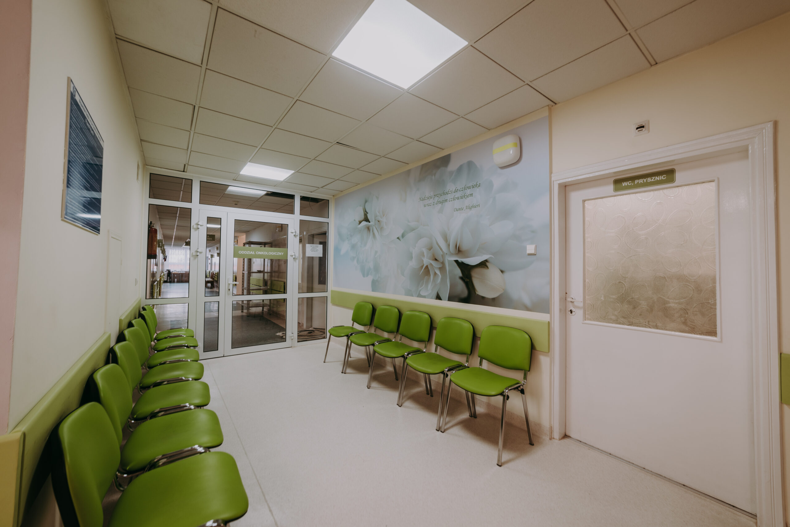 korytarz na oddziale onkologii, wzdłuż ścian stoją zielone krzesła, na ścianie fototapeta w stonowanym zielonym kolorze