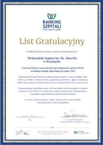 List gratulacyjny za wyróżnienie w pierwszej dziesiątce najlepszych szpitali w Polsce w 2022 r.