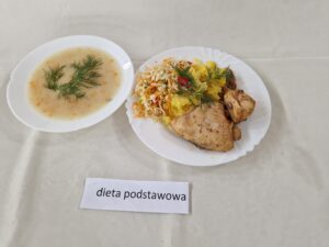 zupa warzywna, udko z kurczaka, ziemniaki, surówka