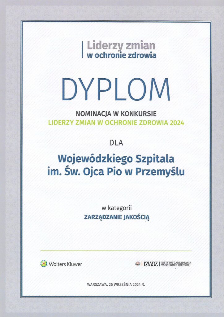 dyplom z nominacją dla szpitala