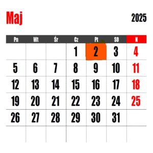 strona kalendarza z maja 2025 z zakreślonym na pomarańczowo dniem 2 maja