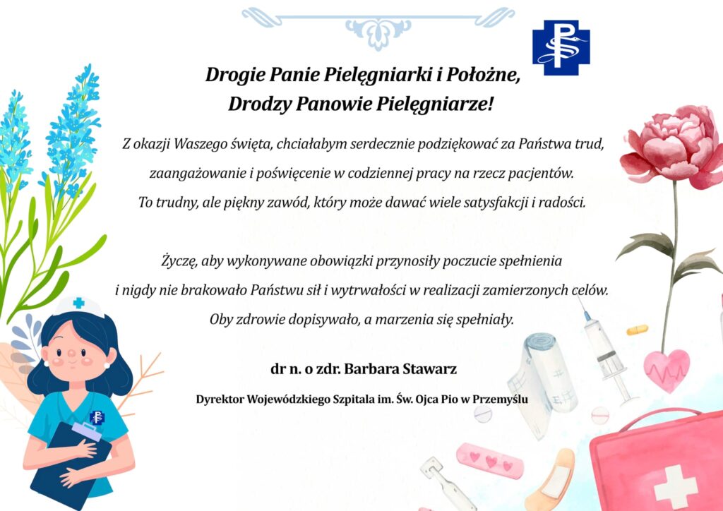 grafika z życzeniami z okazji dnia pielęgniarki, narysowana pielęgniarka i kwiaty, treść została zamieszczona w artykule