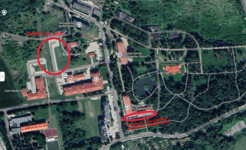 Zdjęcie satelitarne na kampus PANS, oznaczone zostały czerwonym okręgiem parkingi - po lewej dla gości, po prawej przy innym budynku dla organizatorów