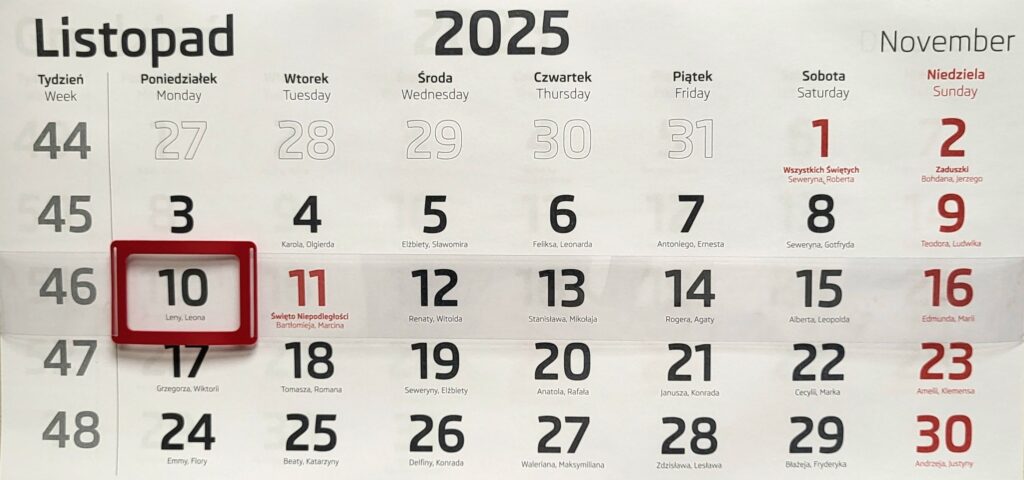 kartka z listopada na listopad 2025 z zaznaczonym 10 listopada