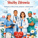 grafika przedstawia personel medyczny, w tle szpital, helikopter i karetka, z napisem Dzień Pracownika Służby Zdrowia Dziękujemy za Waszą troskę, poświęcenie i codzienną pracę wszystko w jasnych kolorach, serduszka i kwiaty
