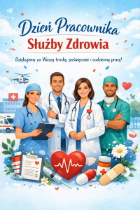 grafika przedstawia personel medyczny, w tle szpital, helikopter i karetka, z napisem Dzień Pracownika Służby Zdrowia Dziękujemy za Waszą troskę, poświęcenie i codzienną pracę wszystko w jasnych kolorach, serduszka i kwiaty