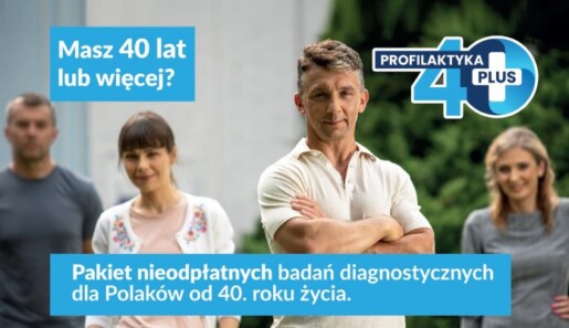 zdjęcie przedstawia na pierwszym planie mężczyznę, a w tle dwie kobiety i mężczyznę, nad nimi napis Profilaktyka 40 Plus